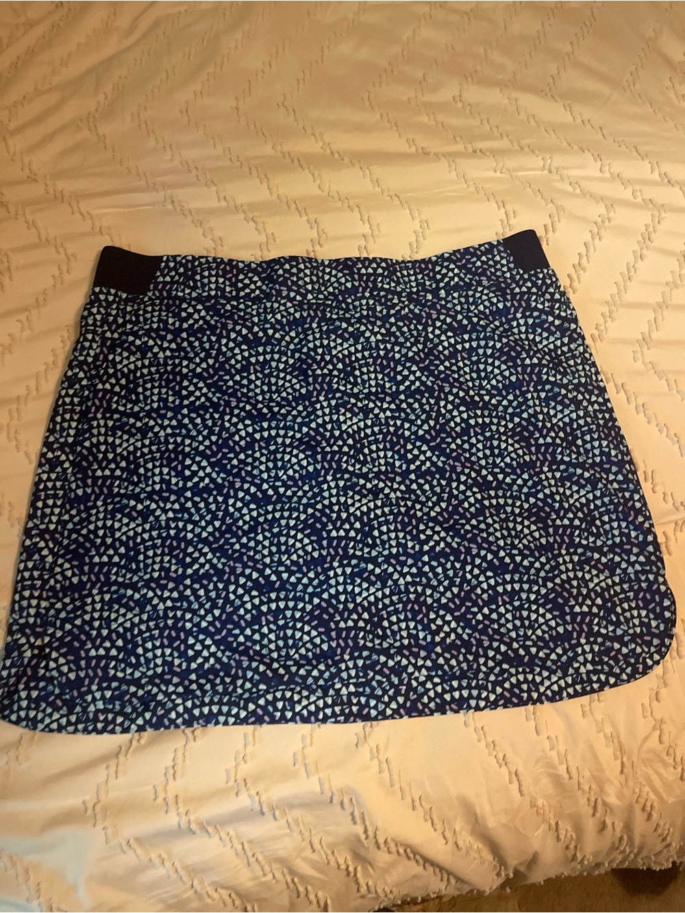 Blue Patterned Mini Skirt with Elastic Side Panels